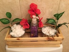 Bathroom Caddy Organizer w/ Tins Weathered Natural Wooden Storage Box Farmhouse