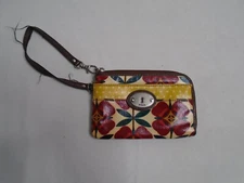 Fossil Key-Per Leather Canvas Purse Wristlet Floral Print Multicolor Zip Closure