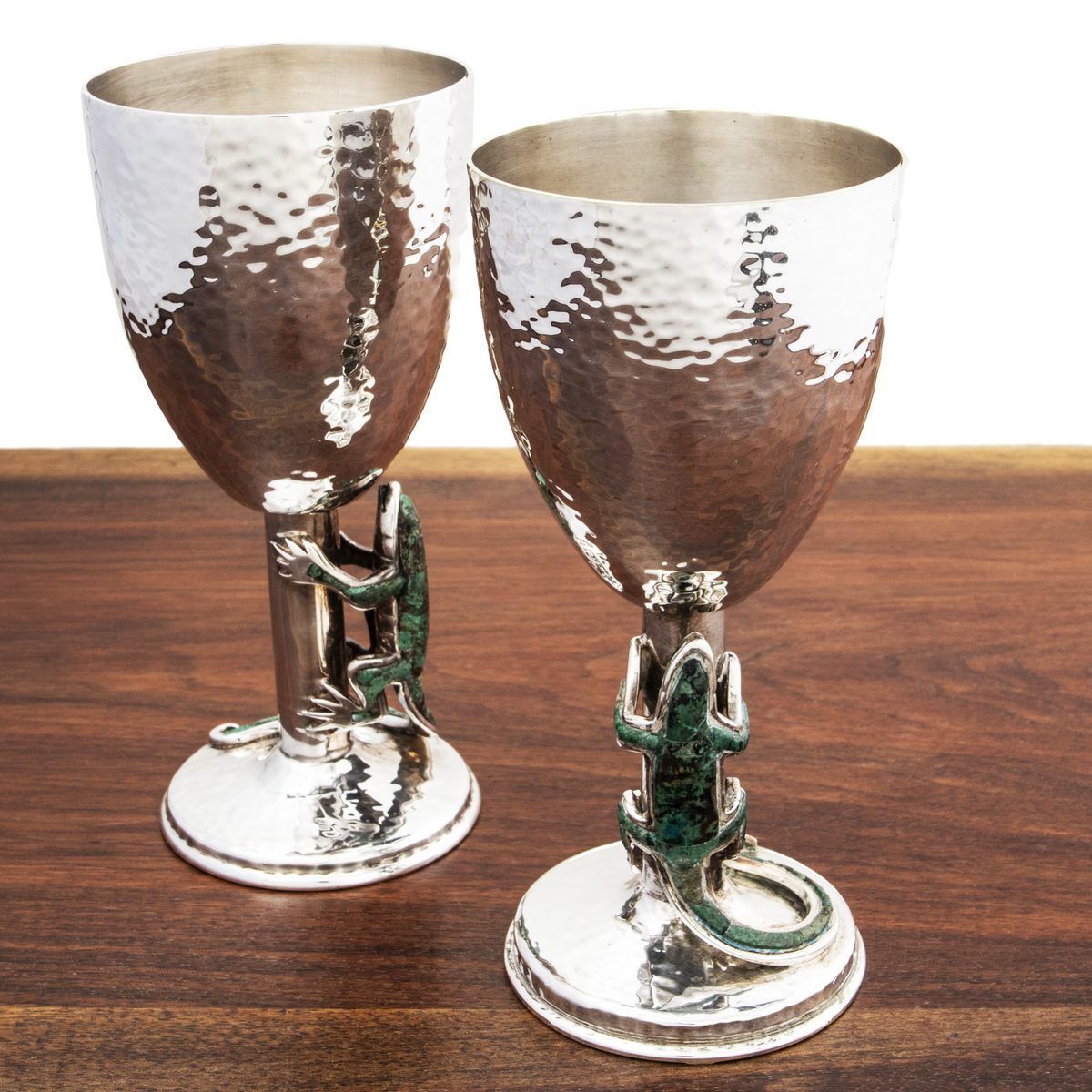 2 EMILIA CASTILLO MEXICAN SILVER PLATE GOBLETS LOVELY LIZARD 20THC