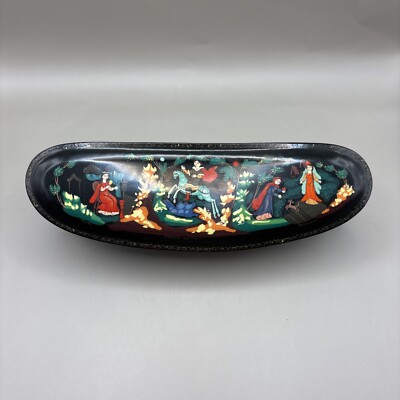 Vintage Russian Black Lacquer Hand-painted  Sleeping beauty  Hinged Trinket Box