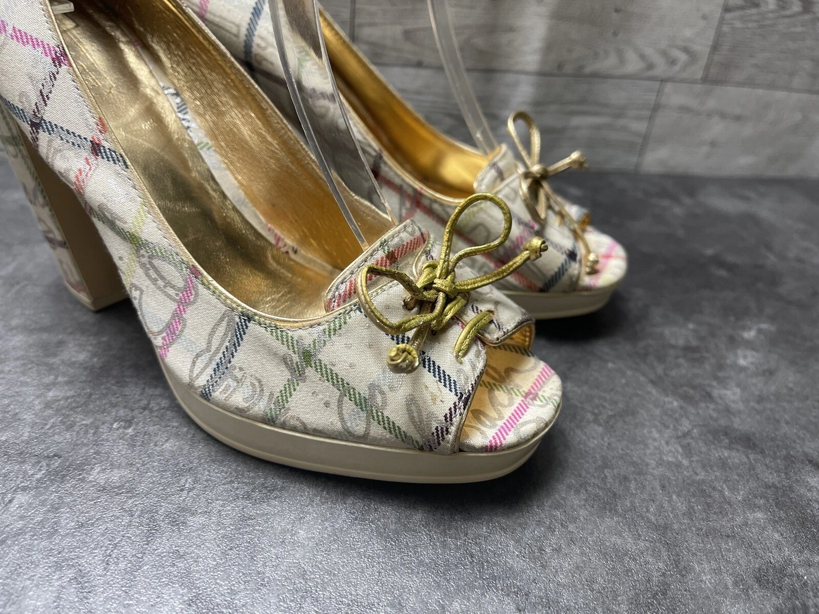 Scarpe Coach tacco donna 6 5B Corey beige raso a righe punta aperta eleganti decolte