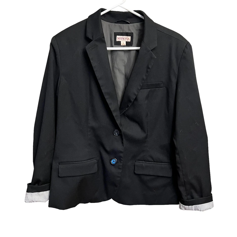 MERONA Black Button Up Blazer Striped Cuffs Size 14 - Image 3 of 4