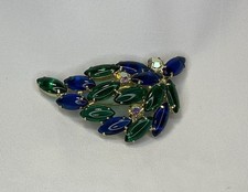 Vintage Blue Green Rhinestone W/ AB Crystals Gold Tone Brooch