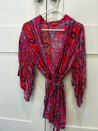 JOSIE NATORI wrap kimono robe swim coverup SZ S floral batik