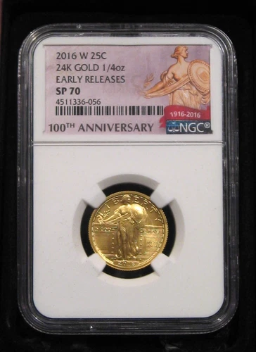 2016-W GOLD STANDING LIBERTY 1/4 oz .999 NGC SP70 ER w/ Wood Gift Box