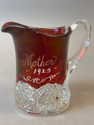 #1276 Antique MOTHER 1925 Ruby Red Flash Souvenir Glass CREAM PITCHER