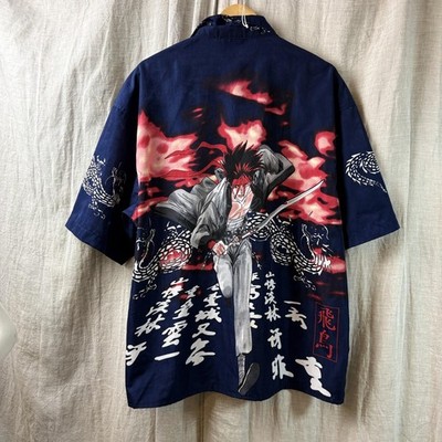 y2k Mens Manga Anime Shirt Rurouni Kenshin Large Samurai Skater Baggy Top