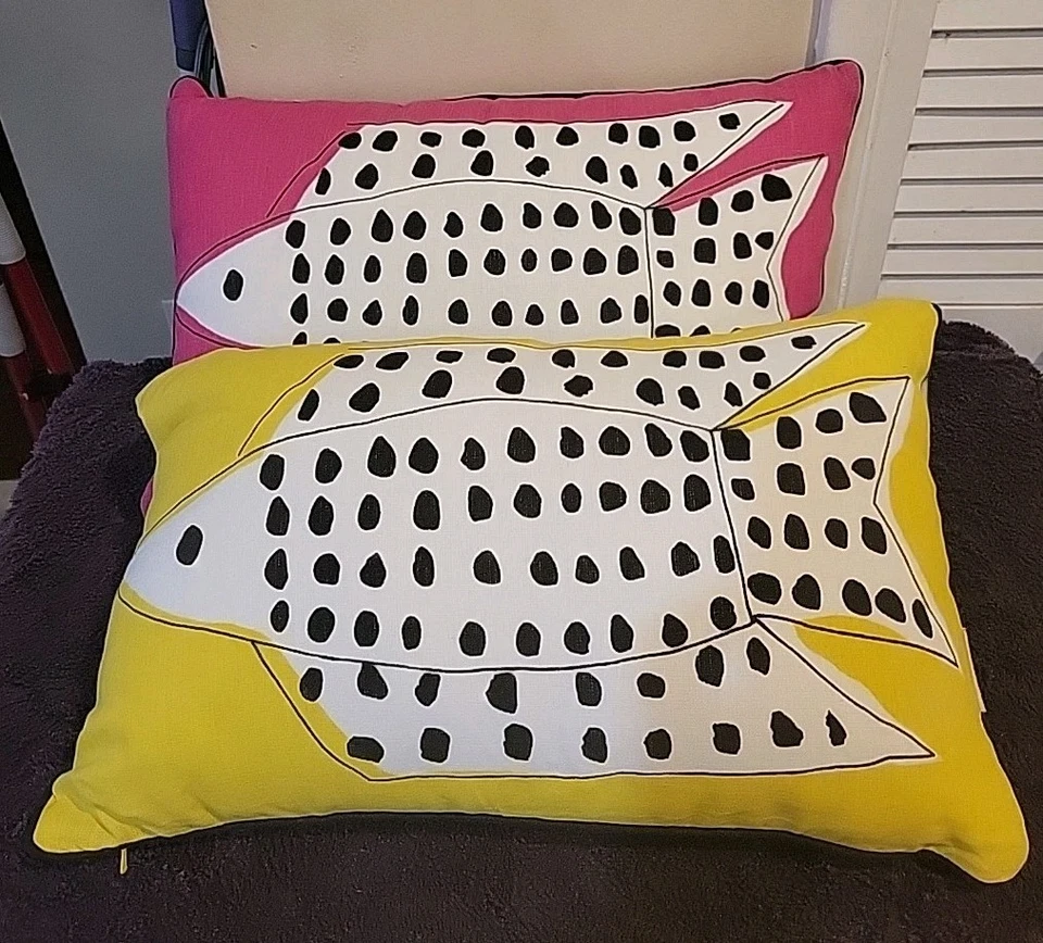 2 Anthropologie 100% Linen Cushion Polka Dot Fish We Love Vera, PINK AND YELLOW - Image 2 of 4