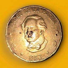 1992 Dominican Republic One Peso Brass Coin  J.P.D. Diez  UNC w/Toning
