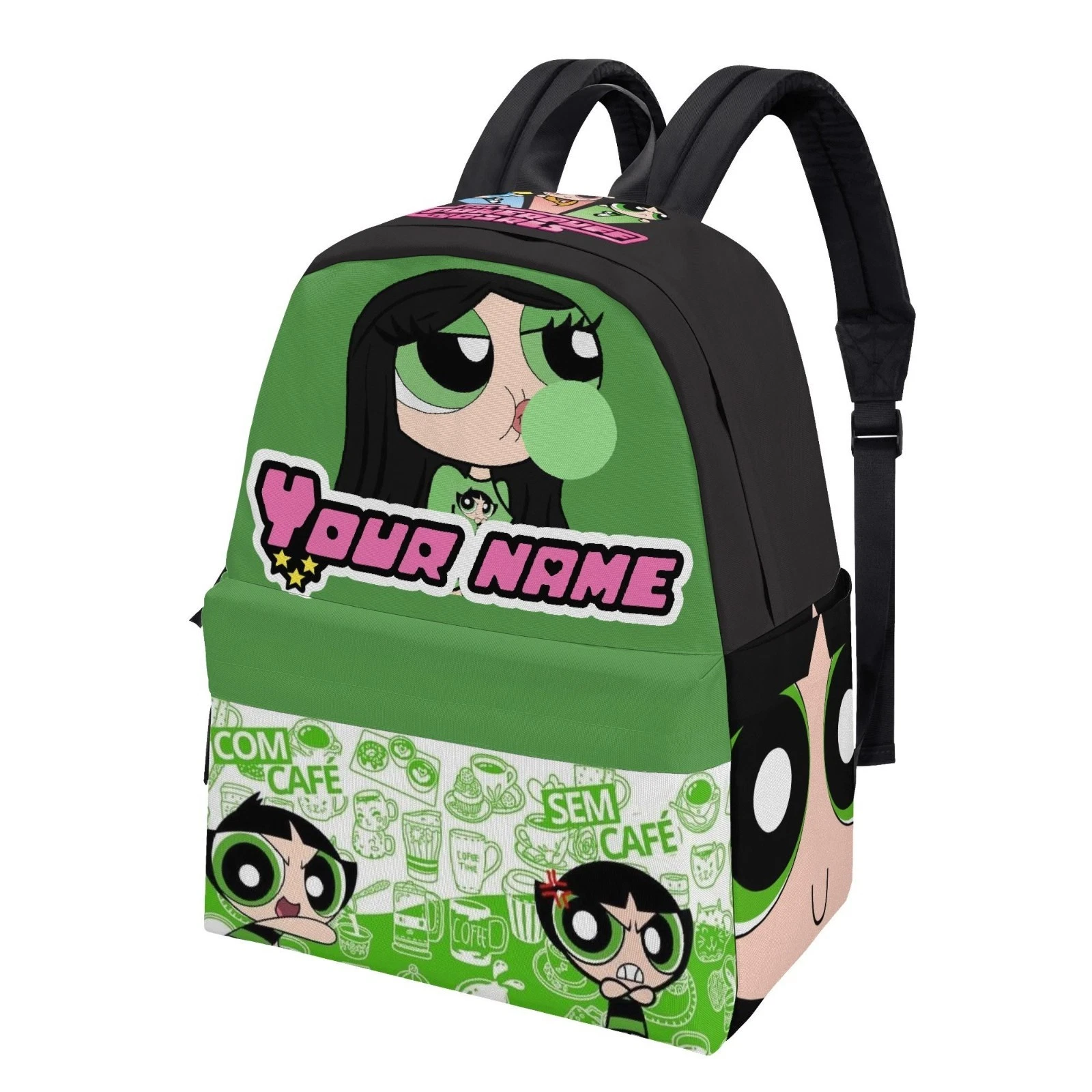 Personalized Cartoon Girl Backpack, Custom Name Kids School Bag, Cute Green Backpack
