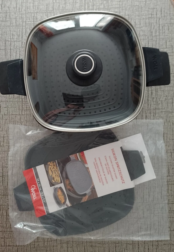 Viereck-Bratentopf mit Deckel, Dämpfeinsatz und Spritzschutz, 24 x 24 cm