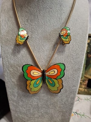 Vtg  Rare Eisenberg Orange Green Enamel Modernist Butterfly Necklace & Earrings 