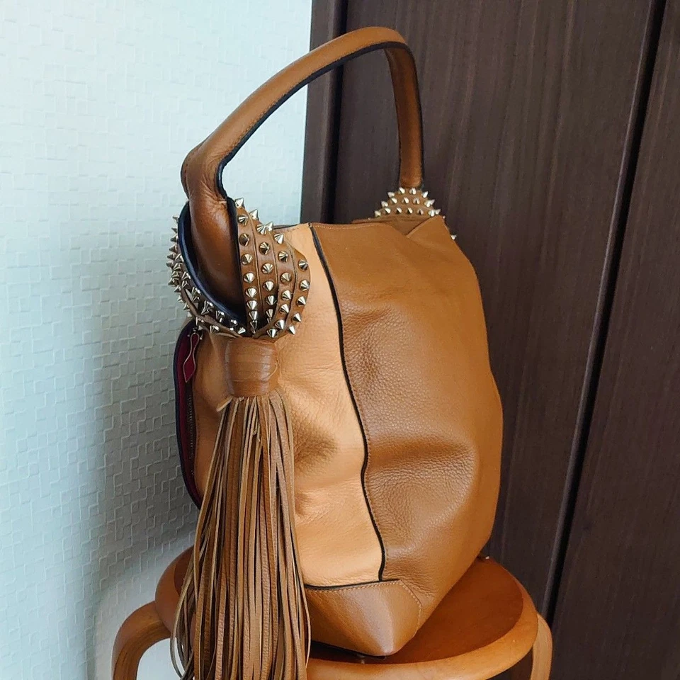 Christian Louboutin Auth Leather Shoulder Bag Tote Handbag Brown Studs Fringe - Image 3 of 4