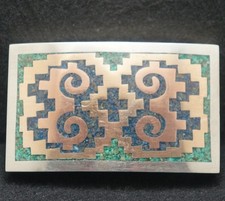 XF01120 VINTAGE 1970s ABSTRACT ARTWORK UNISEX FASHION SILVERTONE BELT BUCKLE
