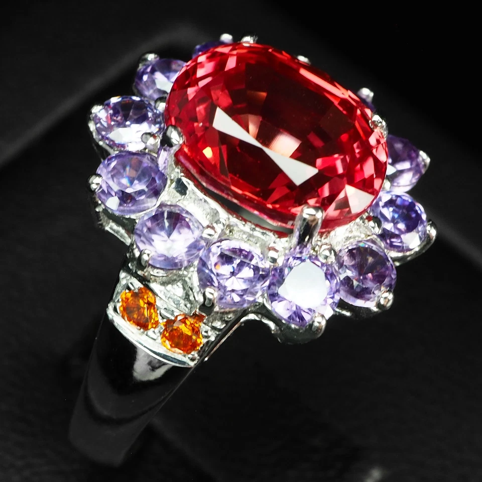 Anillos de oro blanco de plata de ley 925 con zafiro Padparadscha rosa radiante de 4,70 quilates Foto 3 de 4