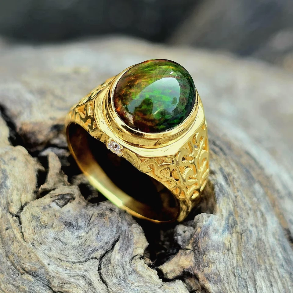 Anillo de ópalo negro vintage de 3 quilates anillo de oro para hombre anillo de compromiso único enchapado en oro Foto 4 de 4