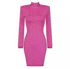 Celebrity Woman  Bodycon Bandage Dress Sexy  Hot Pink Jacquard Full Sleeves