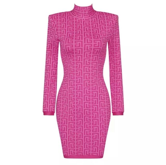 Celebrity Woman Bodycon Bandage Dress Sexy Hot Pink Jacquard Full Sleeves