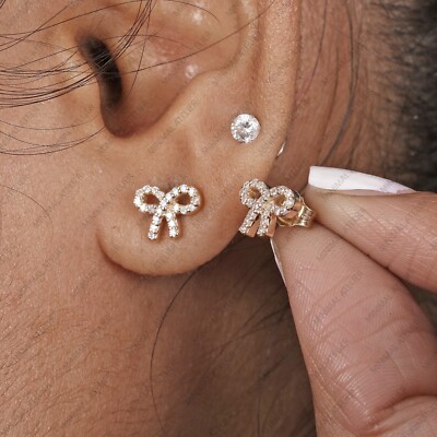 Moissanite Bow Knot Stud Earrings, Solid 14k Yellow Gold Tiny Stud Earrings Fine