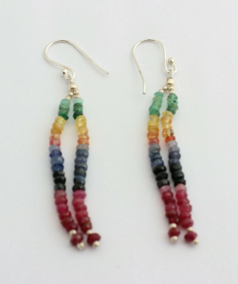 Ruby Sapphire Emerald Earrings 925 Silver Jewelry Gemstone Earrings L 65 mm - Image 1 of 1