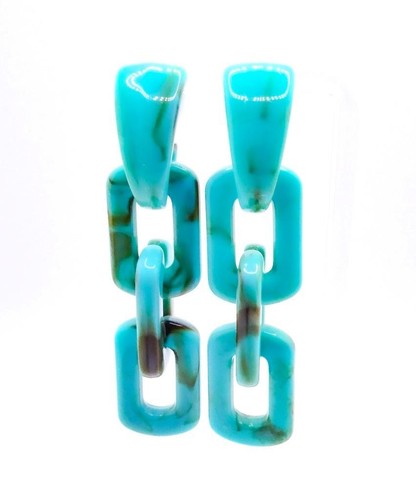 GORGEOUS Chunky Blue Brown Marble Resin Lucite Links Chain Dangle Post Earrings - Picture 2 of 8
