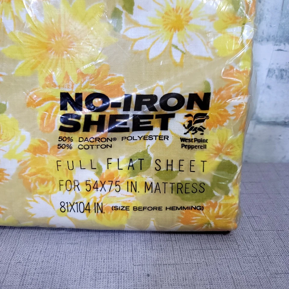Sábana plana completa vintage años 70 Lady Pepperell amarillo naranja flores de primavera 81x104 Foto 3 de 4