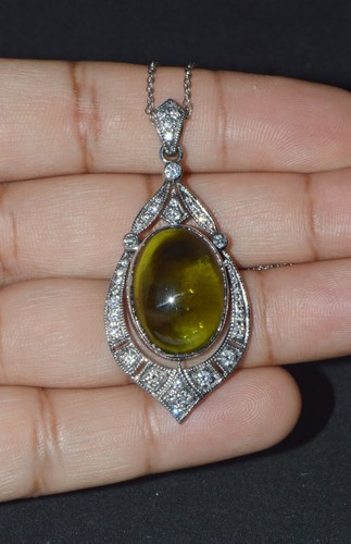 Vintage Natural 28CTS VS F Diamond Tourmaline 18K Solid Gold Art Deco Pendant - Picture 11 of 18
