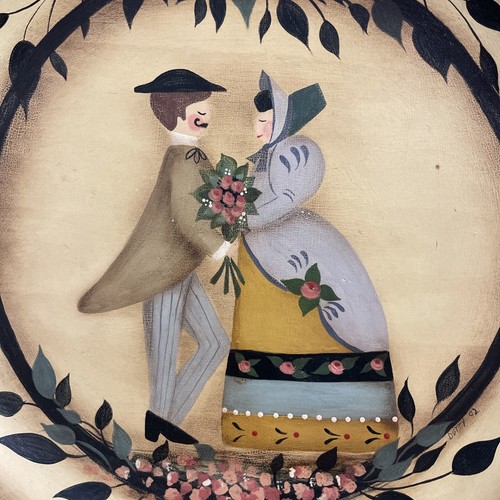 Vintage Hand Painted Folk Art Wooden Bowl Americana Man & Woman in Love Signed - Picture 3 of 10