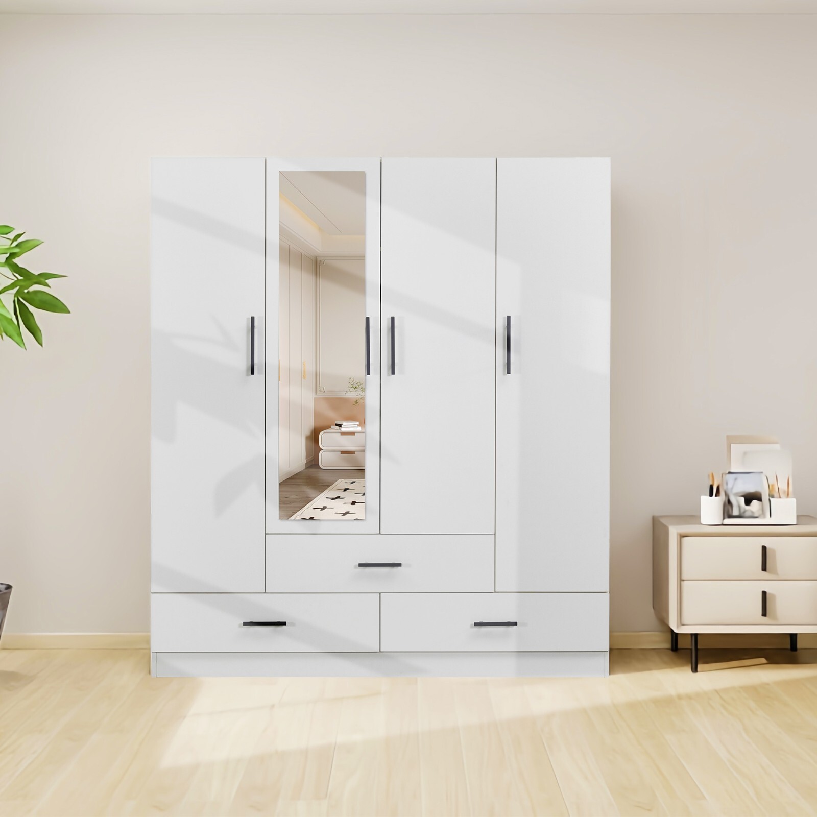 White Wooden Wardrobe Armoire Closet with Mirror for Bedroom  -image