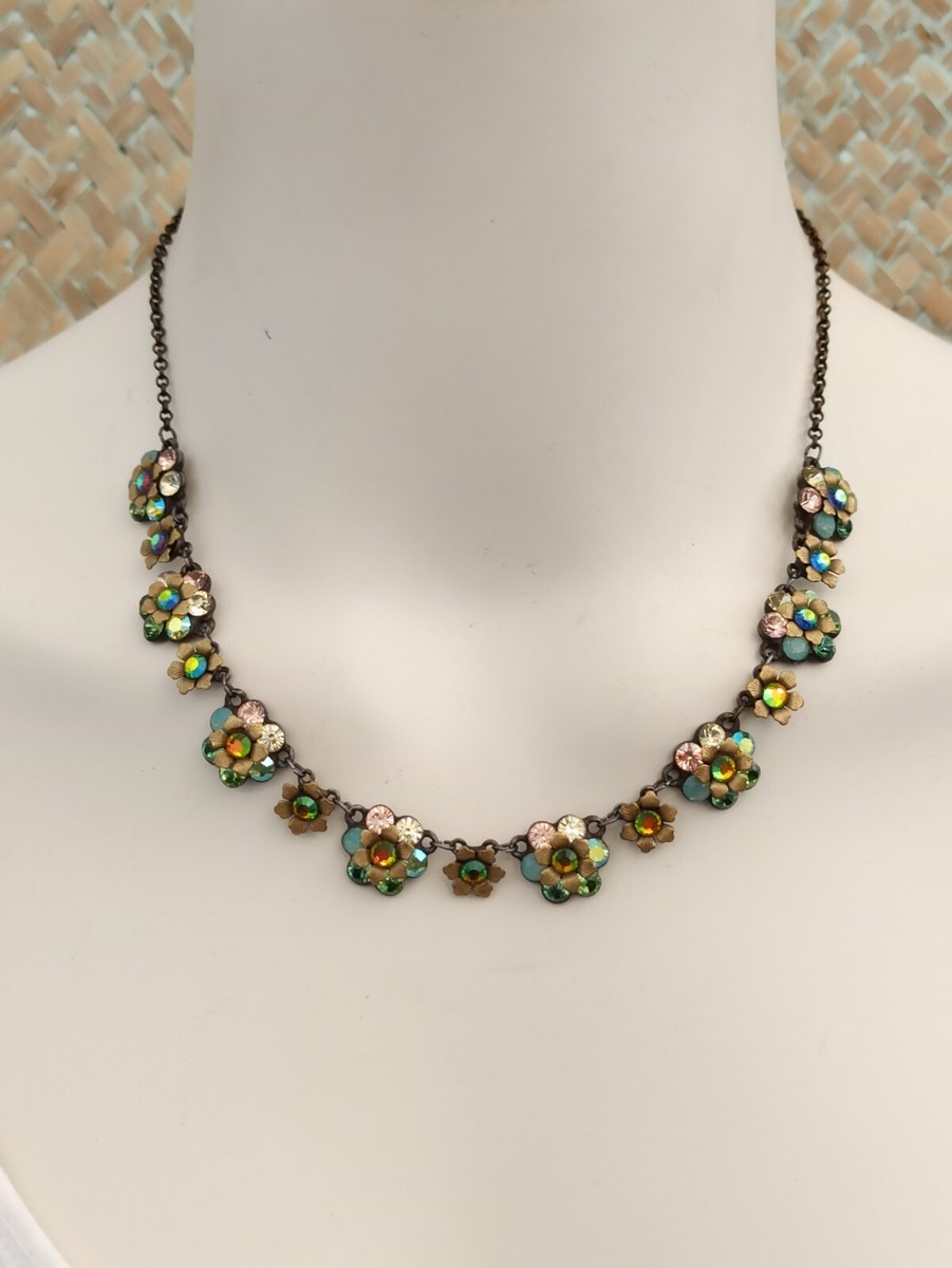 Michal Negrin Necklace Colorful Flowers Green Pastel Blue Shades
