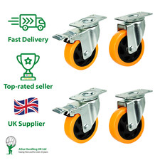 Heavy Duty Polyurethane 4x 75mm Trolley Caster Wheels 2xBraked & 2xSwivel 240kg