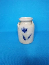 Williamsburg Pottery ? Small Crock Jar Cobalt Blue Flower Salt Glazed Stoneware