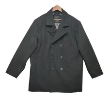 Tahari Peacoat Mens XL Black Wool Blend Business Notch Lapel Double Breasted