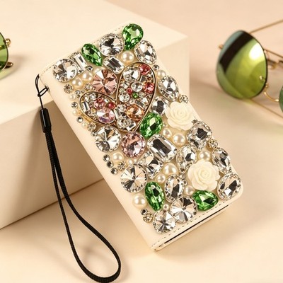 Luxury Bling Diamond Pearls heart flower Wallet Leather Magnetic Flip Cover Case