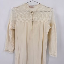 Vintage 80s Nightgown Cream with Lace Yoke Rosette Made in the USA Modest Medium