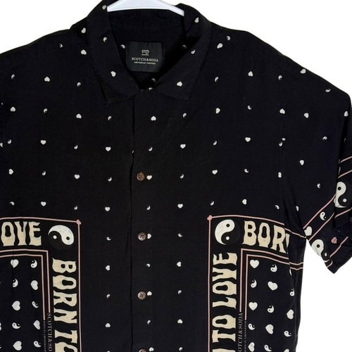 Scotch Soda Mens Black Born to Love Yin Yang Short Sleeve Button Up Shirt Size S - Photo 3/10