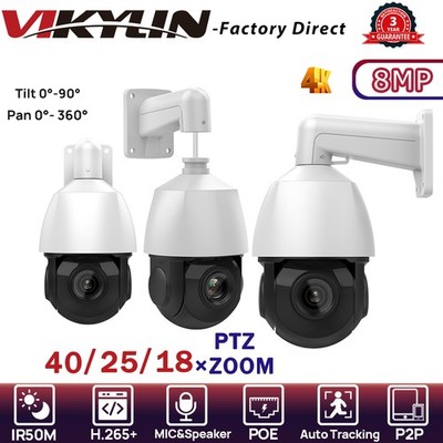 VIKYLIN PTZ 40×ZOOM 360°VIEW IR100M 8MP 4K IP CAMERA POE Speaker Auto Tracking