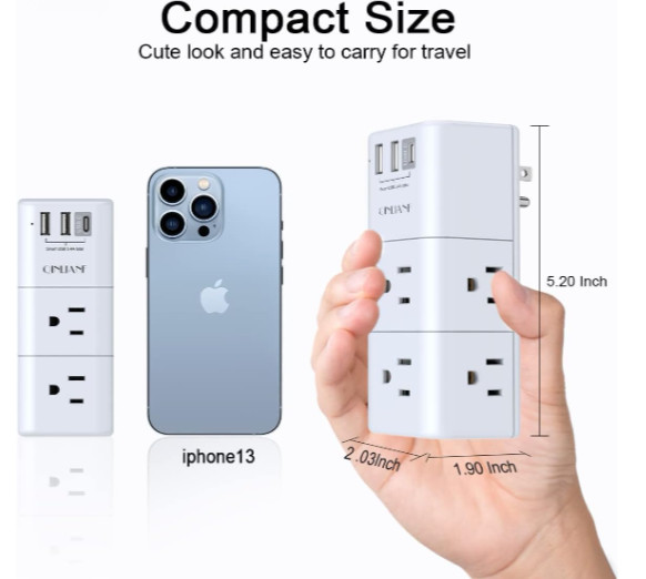 QINLIANF 3-Sided USB Outlet Extender, 6 AC Outlets & 3 USB Ports, Travel