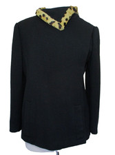 Vintage 50s/60s Black Wool Jacket Leopard Print Fur Collar M Women