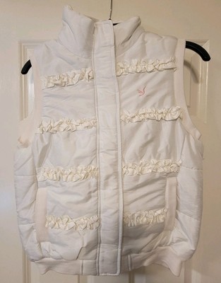 Snozu Girls White Puffer Vest 14/16 Sleeveless Zip Front Pockets Ruffles Winter