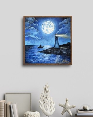Original Leuchtturm Gemälde auf Leinwand, 8x8 Wandbild, Meereslandschaft, Unikat