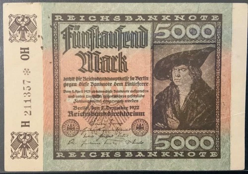 1922 GERMANY PAPER MONEY - 5,000 MARK BANKNOTE!