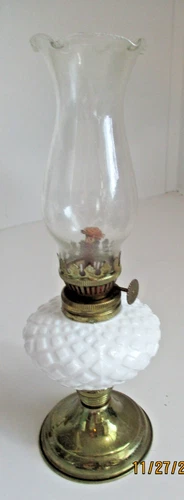 Vintage Diamond Cut Milk Glass 9 1/2" Oil Lamp