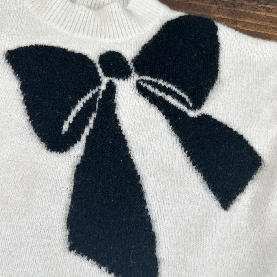 Suéter LOFT Crema con Lazo Negro Manga Media Larga Acogedor Tejido Pullover Foto 3 de 4