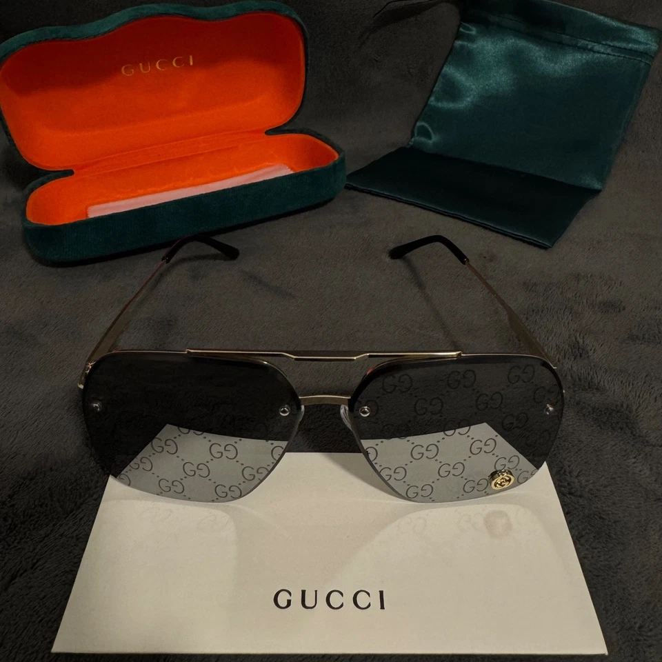 Gucci GG1676S Gold Aviator Sunglasses Silver Mirror Monogram Lens 61mm - Image 3 of 4