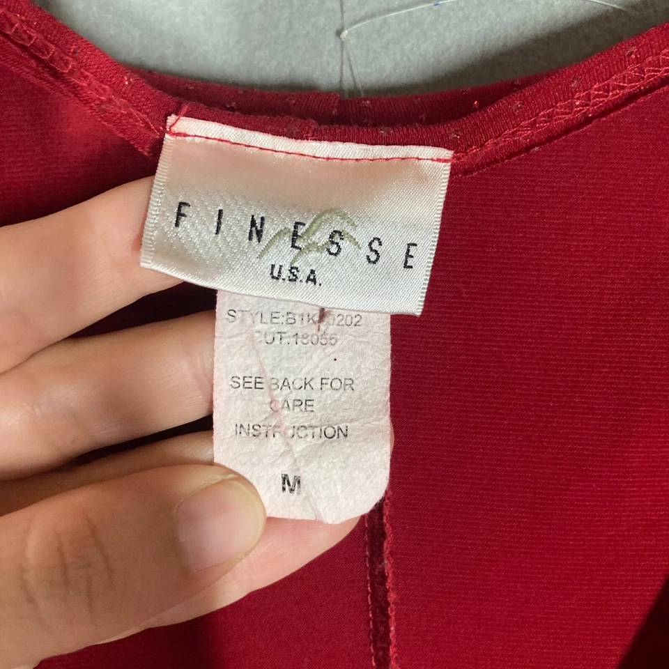 复古 90 年代 Y2K Midi 连衣裙红色闪光磨砂袖 M 码弹力  — 第 3/4 张图片