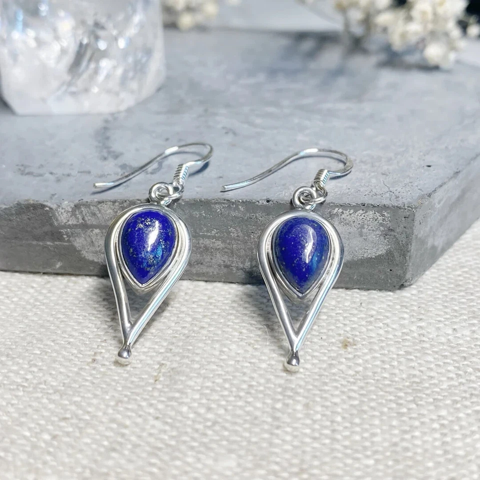 Teardrop Dangle Earrings Lapis Lazuli Gemstone Women Earrings Drop Earrings - Image 3 of 4