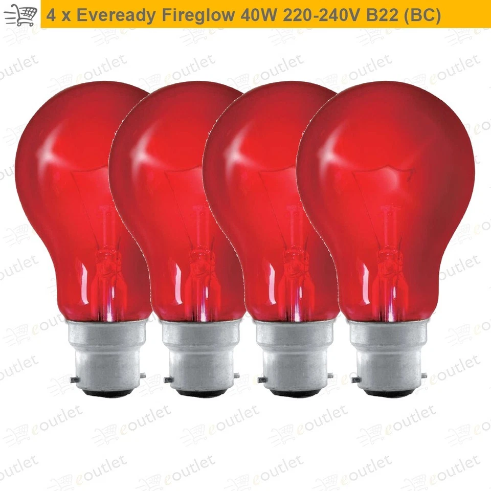 EVERYDAY 4 x Red Bulb Fireglow Flame Effect 40W Eveready GLS Light Bayonet BC B22 240V
