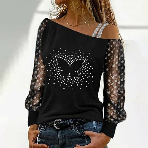 Mujer Camiseta Hombro Frío Brillante Estrás Camiseta Prendas para el torso Manga Larga Otoño Blusa - Imagen 3 de 21