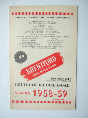 Brentford v Norwich City football programme NBOS7 UK